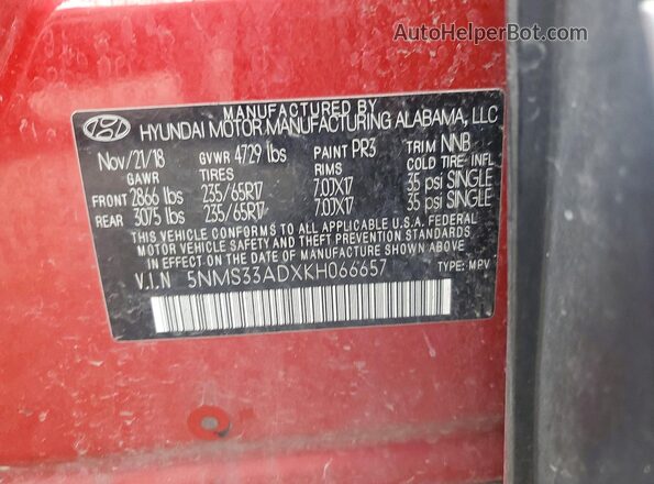 5NMS33ADXKH066657 2019 HYUNDAI SANTA Red VIN կոդի պիտակի տեսք