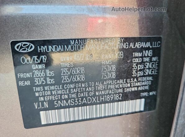 5NMS33ADXLH189182 2020 HYUNDAI SANTA Brown ძრავის განყოფილების ხედი