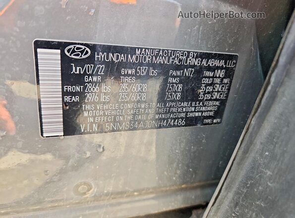 5NMS34AJ0NH474486 2022 HYUNDAI SANTA Gray VIN კოდის სტიკერის ხედი