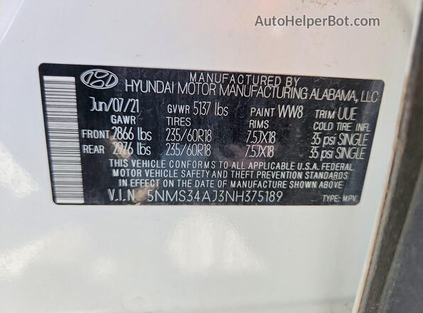 5NMS34AJ3NH375189 2022 HYUNDAI SANTA White VIN կոդի պիտակի տեսք
