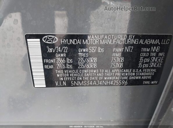 5NMS34AJ4NH425596 2022 HYUNDAI SANTA FE Серый Вид подкапотного пространства