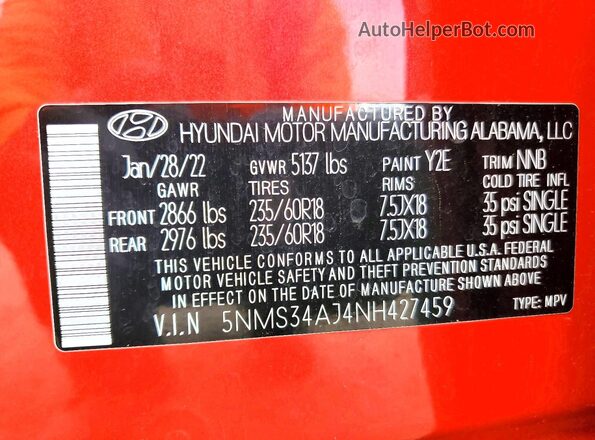 5NMS34AJ4NH427459 2022 HYUNDAI SANTA Красный Вид наклейки с VIN-кодом