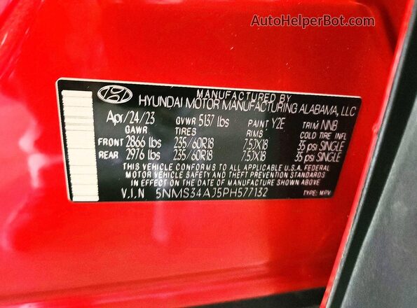 5NMS34AJ5PH577132 2023 HYUNDAI SANTA Красный Панорамный вид салона 360°