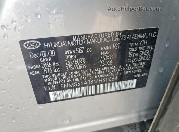 5NMS34AJ8MH311664 2021 HYUNDAI SANTA Gray Widok naklejki z numerem VIN