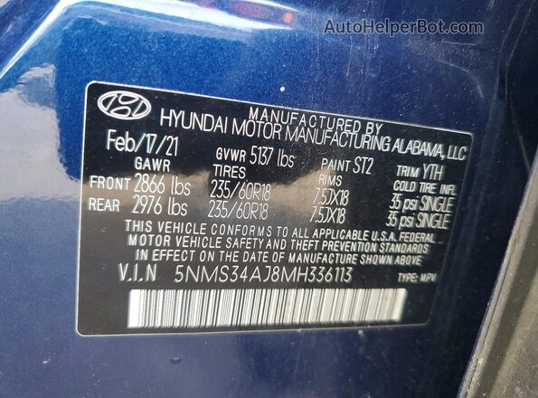 5NMS34AJ8MH336113 2021 HYUNDAI SANTA Blue VIN sticker view