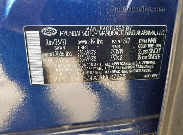 5NMS34AJ9NH379215 2022 HYUNDAI SANTA Blue Vista de la etiqueta del VIN