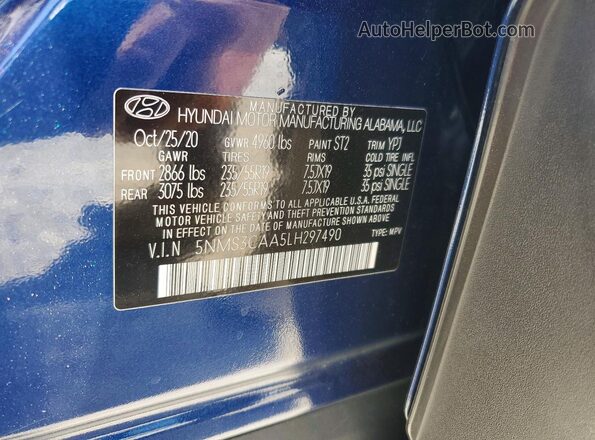 5NMS3CAA5LH297490 2020 HYUNDAI SANTA Синий Вид наклейки с VIN-кодом