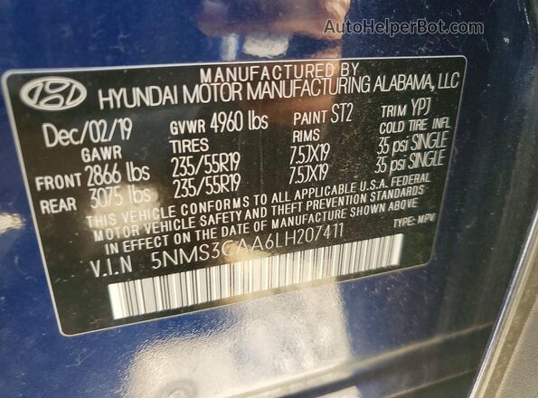 5NMS3CAA6LH207411 2020 HYUNDAI SANTA Синий Вид наклейки с VIN-кодом