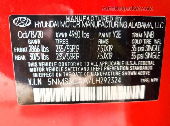5NMS3CAA7LH292324 2020 HYUNDAI SANTA Red VIN sticker view