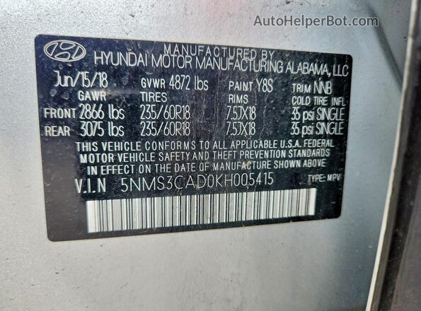 5NMS3CAD0KH005415 2019 HYUNDAI SANTA Silver Vista interior de 360 grados