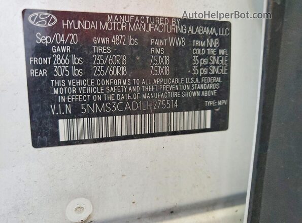 5NMS3CAD1LH275514 2020 HYUNDAI SANTA White Widok wnętrza 360 stopni