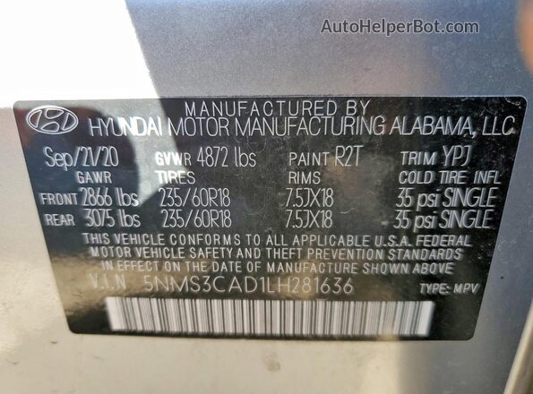 5NMS3CAD1LH281636 2020 HYUNDAI SANTA Silver Вид підкапотного простору