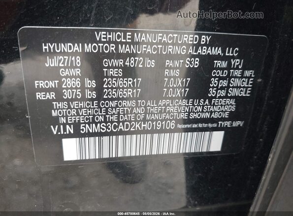 5NMS3CAD2KH019106 2019 HYUNDAI SANTA FE Black Widok komory silnika