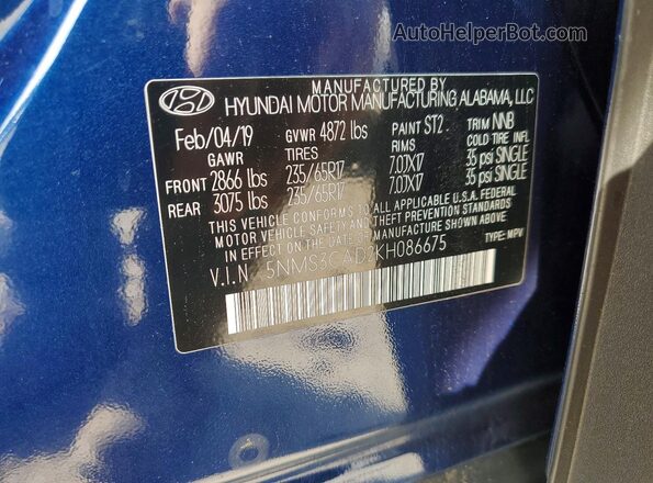 5NMS3CAD2KH086675 2019 HYUNDAI SANTA Blue 360 interior view