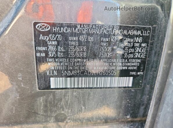 5NMS3CAD2LH260505 2020 HYUNDAI SANTA Charcoal Vista del compartimento del motor
