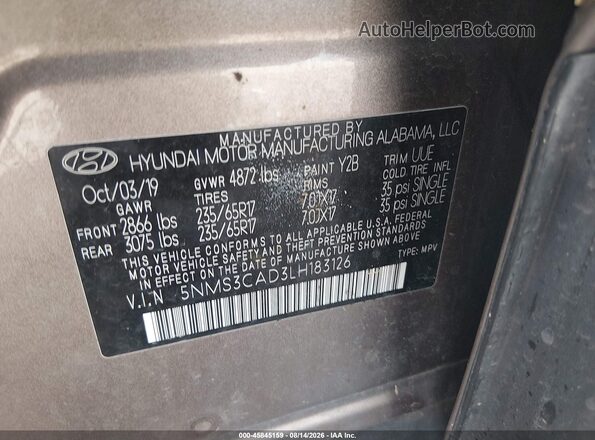 5NMS3CAD3LH183126 2020 HYUNDAI SANTA FE Beige Engine compartment view