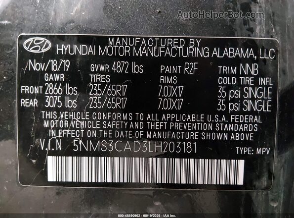 5NMS3CAD3LH203181 2020 HYUNDAI SANTA FE Gray Vista del compartimento del motor