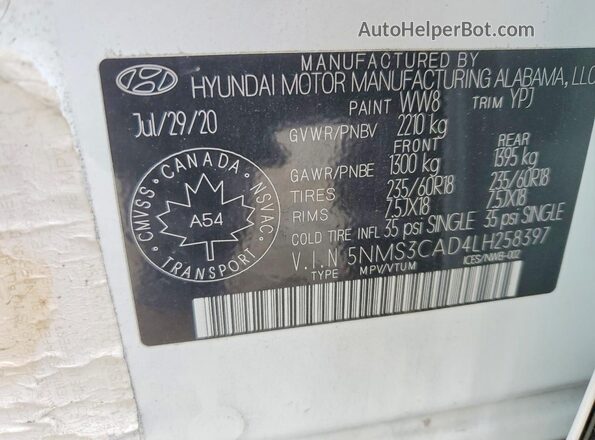 5NMS3CAD4LH258397 2020 HYUNDAI SANTA White Widok naklejki z numerem VIN
