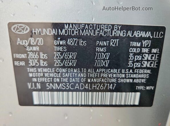 5NMS3CAD4LH267147 2020 HYUNDAI SANTA Silver VIN կոդի պիտակի տեսք