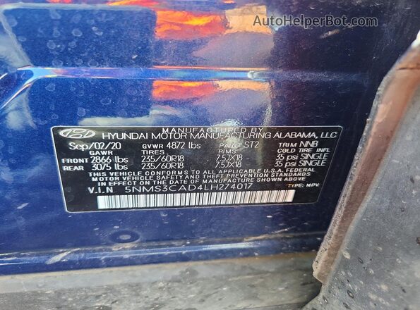 5NMS3CAD4LH274017 2020 HYUNDAI SANTA Blue Vista de la etiqueta del VIN