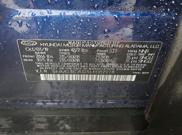 5NMS3CAD5LH182978 2020 HYUNDAI SANTA Синий Вид подкапотного пространства