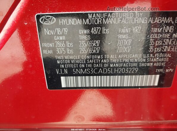 5NMS3CAD5LH203229 2020 HYUNDAI SANTA FE Red Շարժիչի բաժամունքի տեսք
