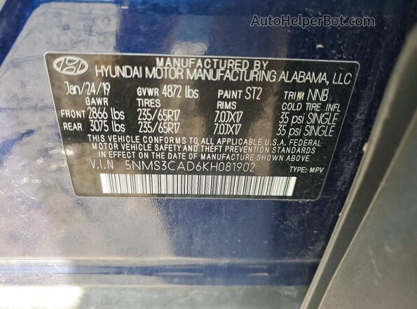5NMS3CAD6KH081902 2019 HYUNDAI SANTA Blue VIN կոդի պիտակի տեսք