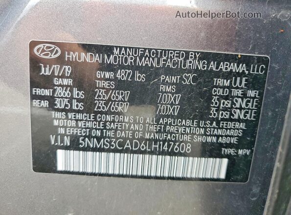 5NMS3CAD6LH147608 2020 HYUNDAI SANTA Gray VIN sticker view