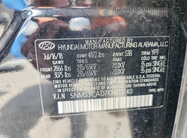 5NMS3CAD7KH013740 2019 HYUNDAI SANTA Black VIN sticker view