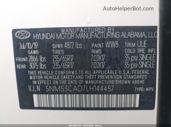 5NMS3CAD7LH144457 2020 HYUNDAI SANTA FE White Вид підкапотного простору