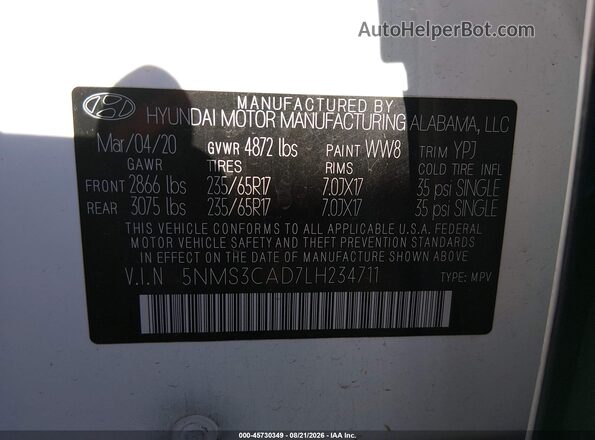 5NMS3CAD7LH234711 2020 HYUNDAI SANTA FE White ძრავის განყოფილების ხედი