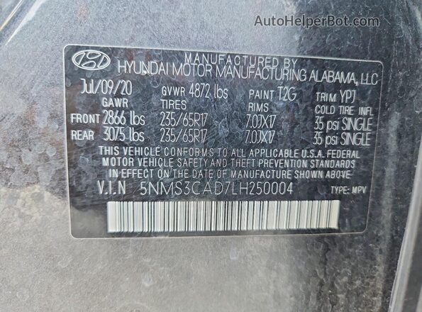 5NMS3CAD7LH250004 2020 HYUNDAI SANTA Gray ძრავის განყოფილების ხედი