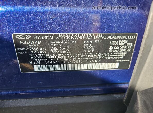 5NMS3CAD8KH095185 2019 HYUNDAI SANTA Blue VIN sticker view