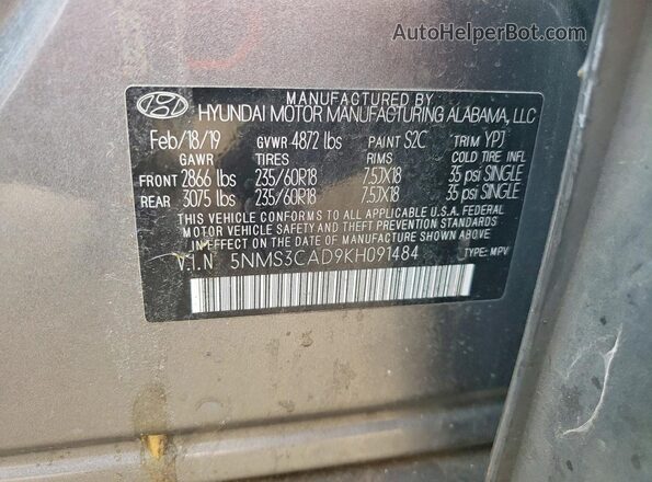 5NMS3CAD9KH091484 2019 HYUNDAI SANTA Серый Панорамный вид салона 360°