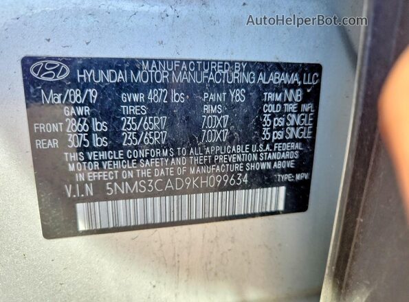 5NMS3CAD9KH099634 2019 HYUNDAI SANTA Silver Вид наклейки з VIN-кодом
