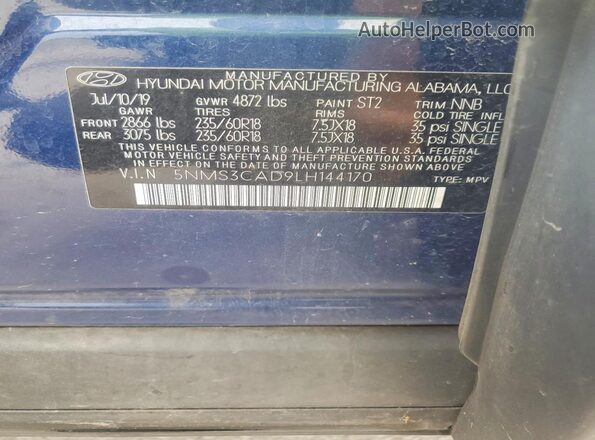 5NMS3CAD9LH144170 2020 HYUNDAI SANTA Blue VIN sticker view