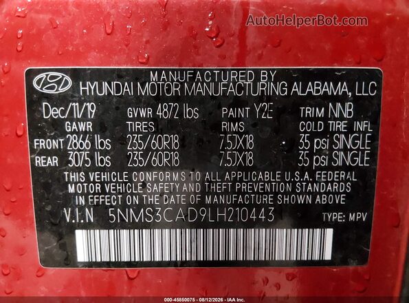 5NMS3CAD9LH210443 2020 HYUNDAI SANTA FE Red Vista del compartimento del motor