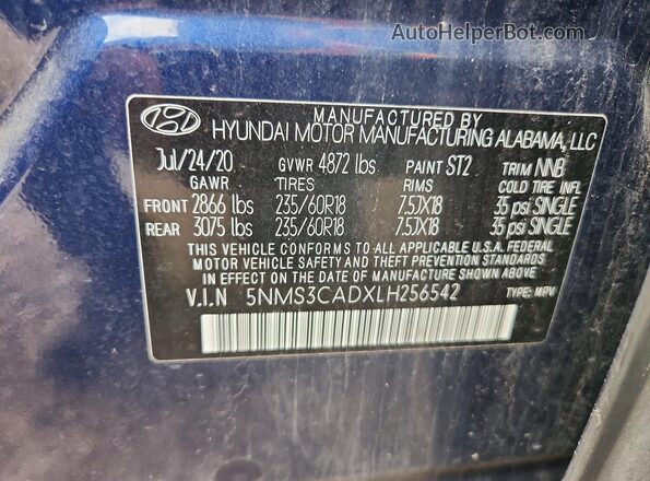 5NMS3CADXLH256542 2020 HYUNDAI SANTA Blue Widok wnętrza 360 stopni