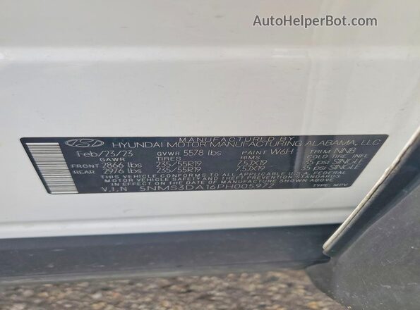 5NMS3DA16PH005972 2023 HYUNDAI SANTA White Вид наклейки з VIN-кодом