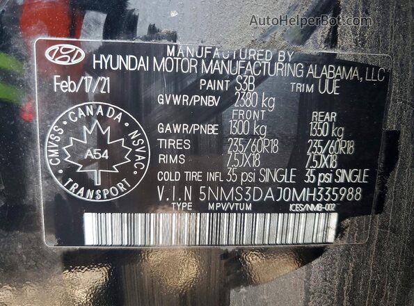 5NMS3DAJ0MH335988 2021 HYUNDAI SANTA Black 