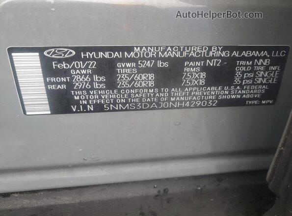 5NMS3DAJ0NH429032 2022 HYUNDAI SANTA Gray VIN կոդի պիտակի տեսք