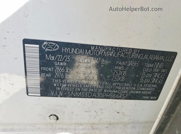 5NMS3DAJ0PH566457 2023 HYUNDAI SANTA Белый Вид наклейки с VIN-кодом
