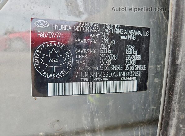 5NMS3DAJ1NH432151 2022 HYUNDAI SANTA Gray 360 interior view