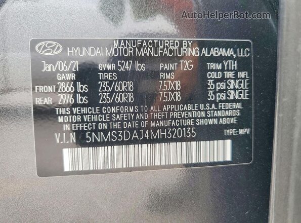 5NMS3DAJ4MH320135 2021 HYUNDAI SANTA Charcoal სალონის 360-გრადუსიანი ხედი