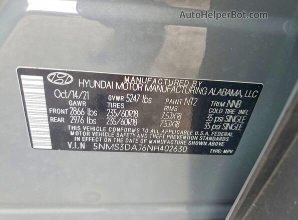 5NMS3DAJ6NH402630 2022 HYUNDAI SANTA Gray Շարժիչի բաժամունքի տեսք