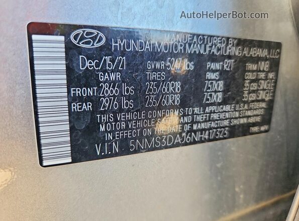 5NMS3DAJ6NH417323 2022 HYUNDAI SANTA Silver Widok naklejki z numerem VIN
