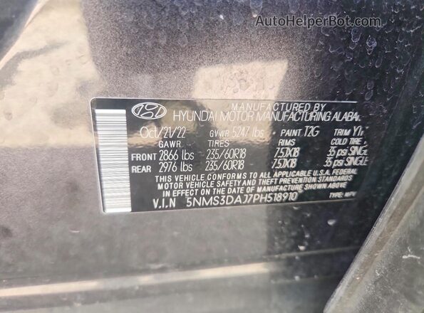 5NMS3DAJ7PH518910 2023 HYUNDAI SANTA Gray VIN sticker view