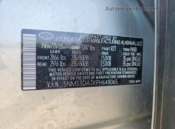 5NMS3DAJXPH648065 2023 HYUNDAI SANTA Silver Vista de la etiqueta del VIN