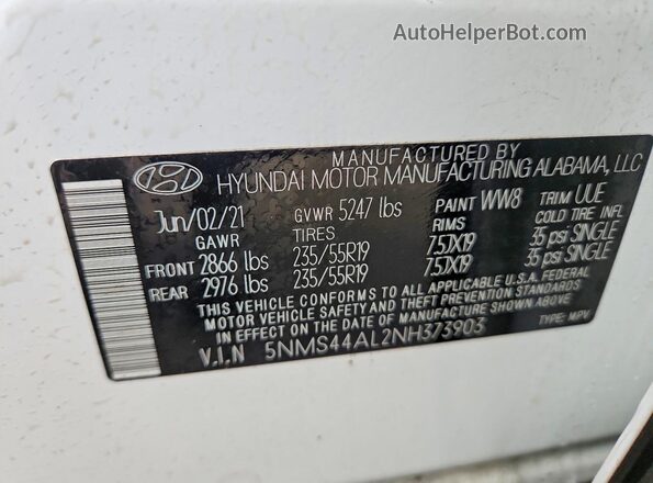 5NMS44AL2NH373903 2022 HYUNDAI SANTA White Widok wnętrza 360 stopni