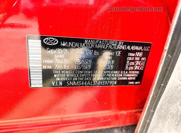 5NMS44AL3NH397904 2022 HYUNDAI SANTA Красный Панорамный вид салона 360°